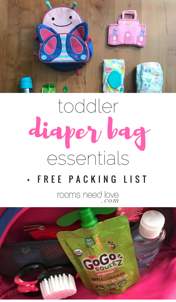 My Toddler Diaper Bag Essentials + free printable day trip checklist | Toddler Stuff | Diaper Bag | Kid Essentials | Cups | Snacks | Toys | Toddler Essentials | Kid | Children | Parenting | Motherhood | Mom | Mommy || Mama | Bag | Backpack| Diaper | Carrying | Essentials | Rooms Need Love Blog