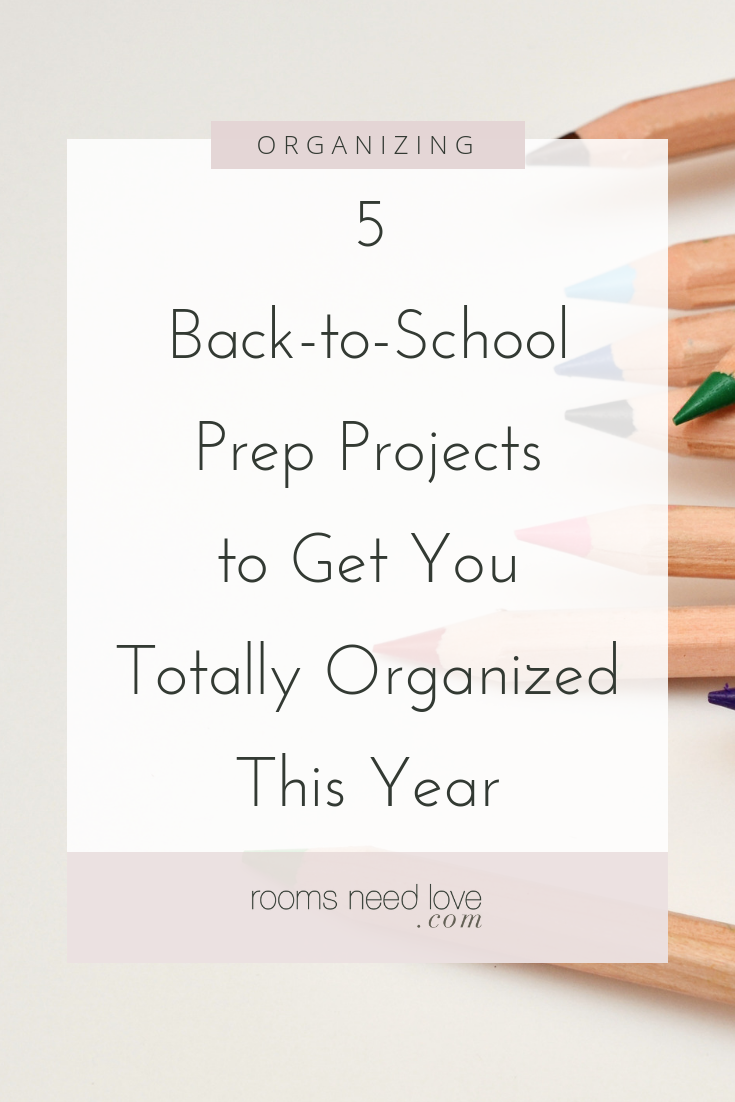 5 Back-to-School Prep Projects to Get You Totally Organized This Year. Here's a list of 5 projects to do before going back-to-school this year so you can have the most organized school year ever: prep your planner, organize kids clothes, paper organizing system, office declutter, and set up an evening routine.