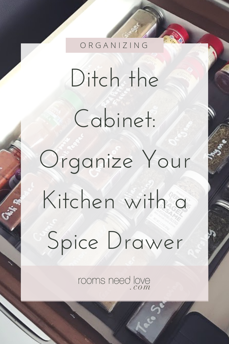 Ditch the Cabinet Organize Your Kitchen with a Spice Drawer. A convenient, easy way to organize your spices so you never have to search the depths of a cabinet again.
