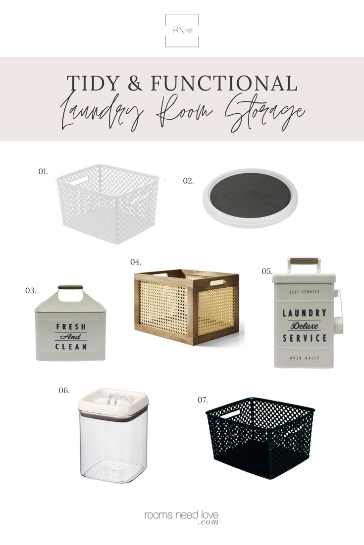 7 options for simple & functional laundry room storage cabinets, including baskets, turntables, caddies, & canisters.