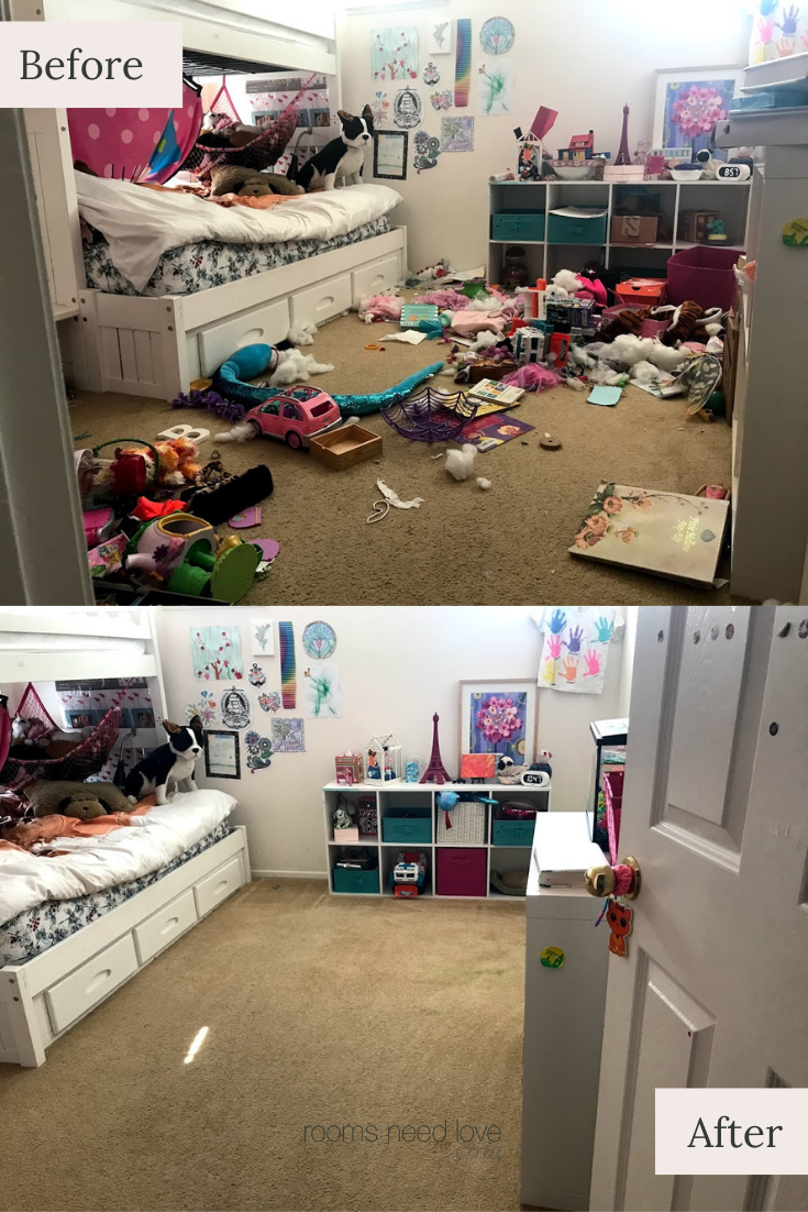 Transforming a messy kids room, starting by picking up the trash