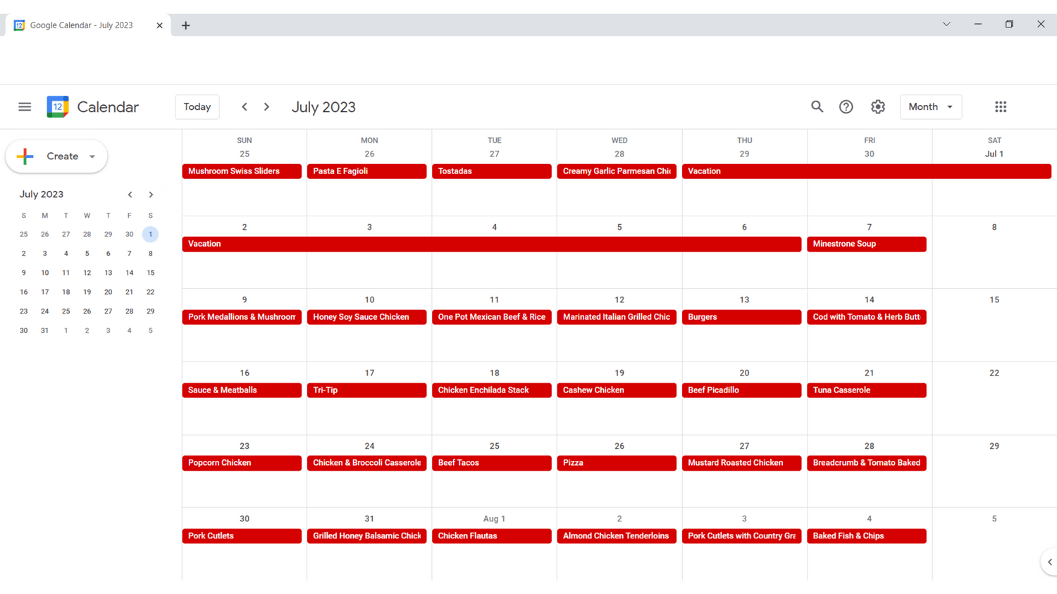 Meal Planning Google Calendar example from Rooms Need Love