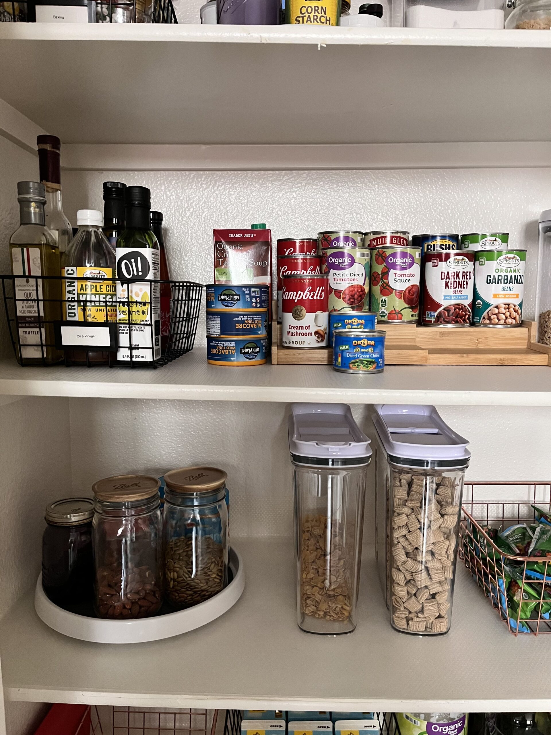 Pantry categories with canisters, turntables, baskets, shelf risers